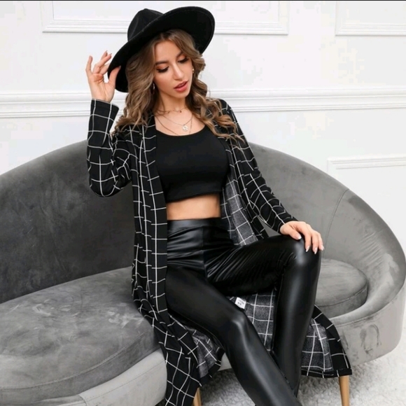 SHEIN LUNE Grid Print Open Front Coat, Size XL, Color Black - Picture 7 of 7